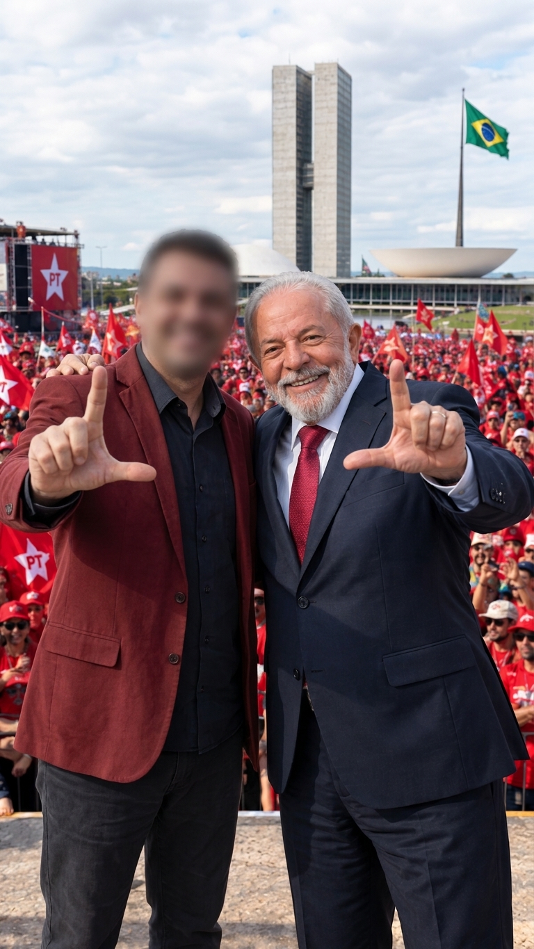 Homem fazendo o L com Lula