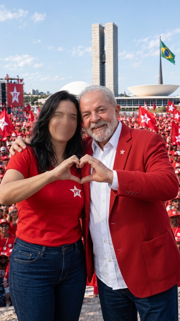 Mulher fazendo coração com o presidente Lula