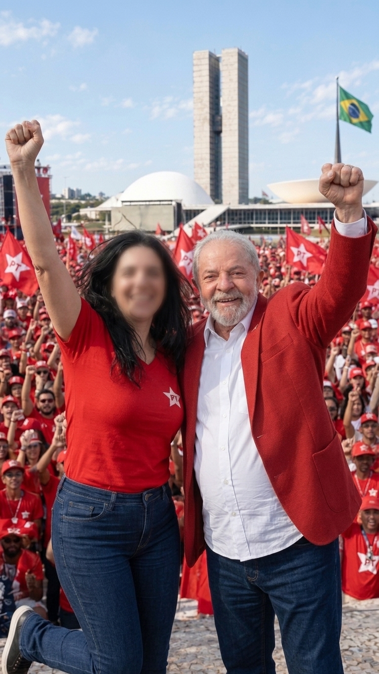 Mulher com gesto de vitória ao lado do presidente Lula